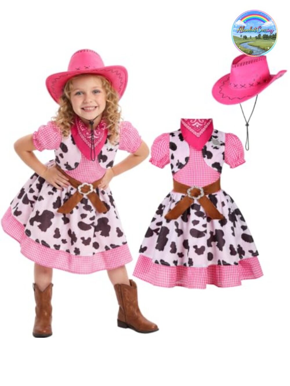 Girls Cowgirl Costume Polyester Dress with Hat Badge Halloween Western Outfit